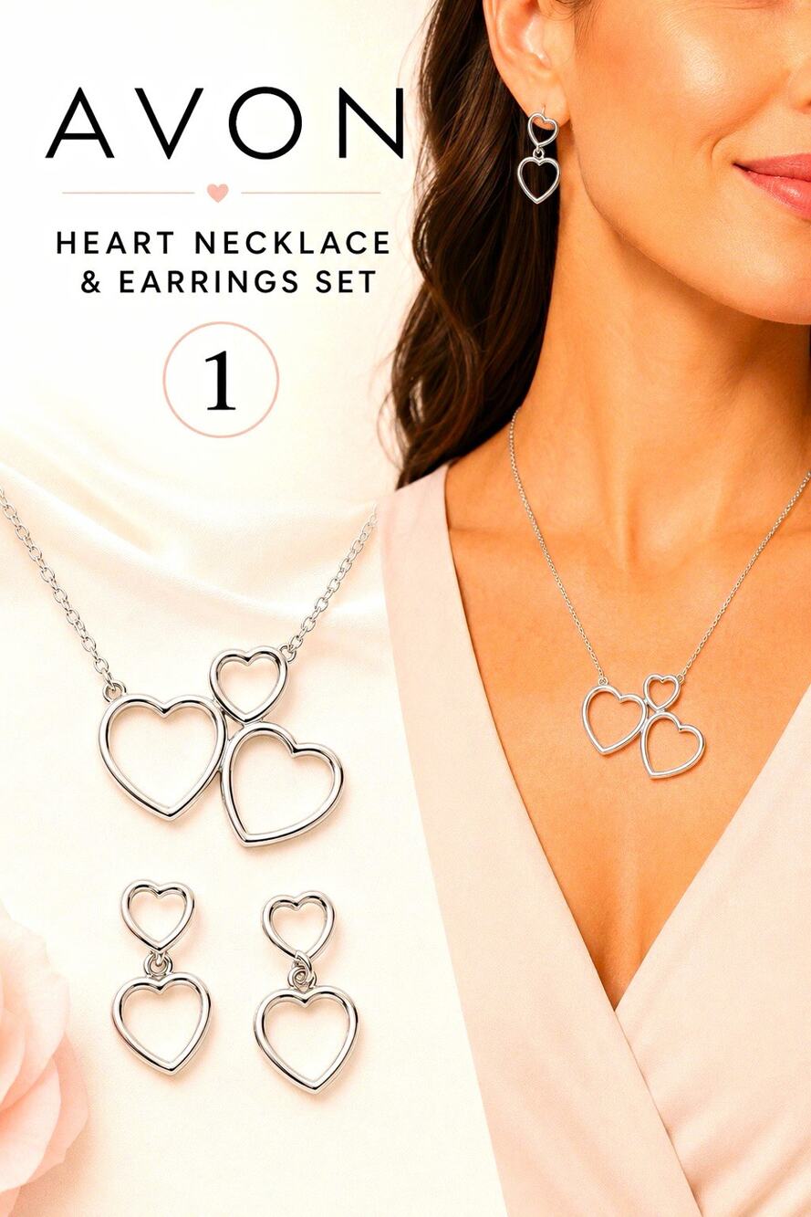 Avon Heart Love Necklace & Earrings Jewelry Set - Silver Tone, No Stone